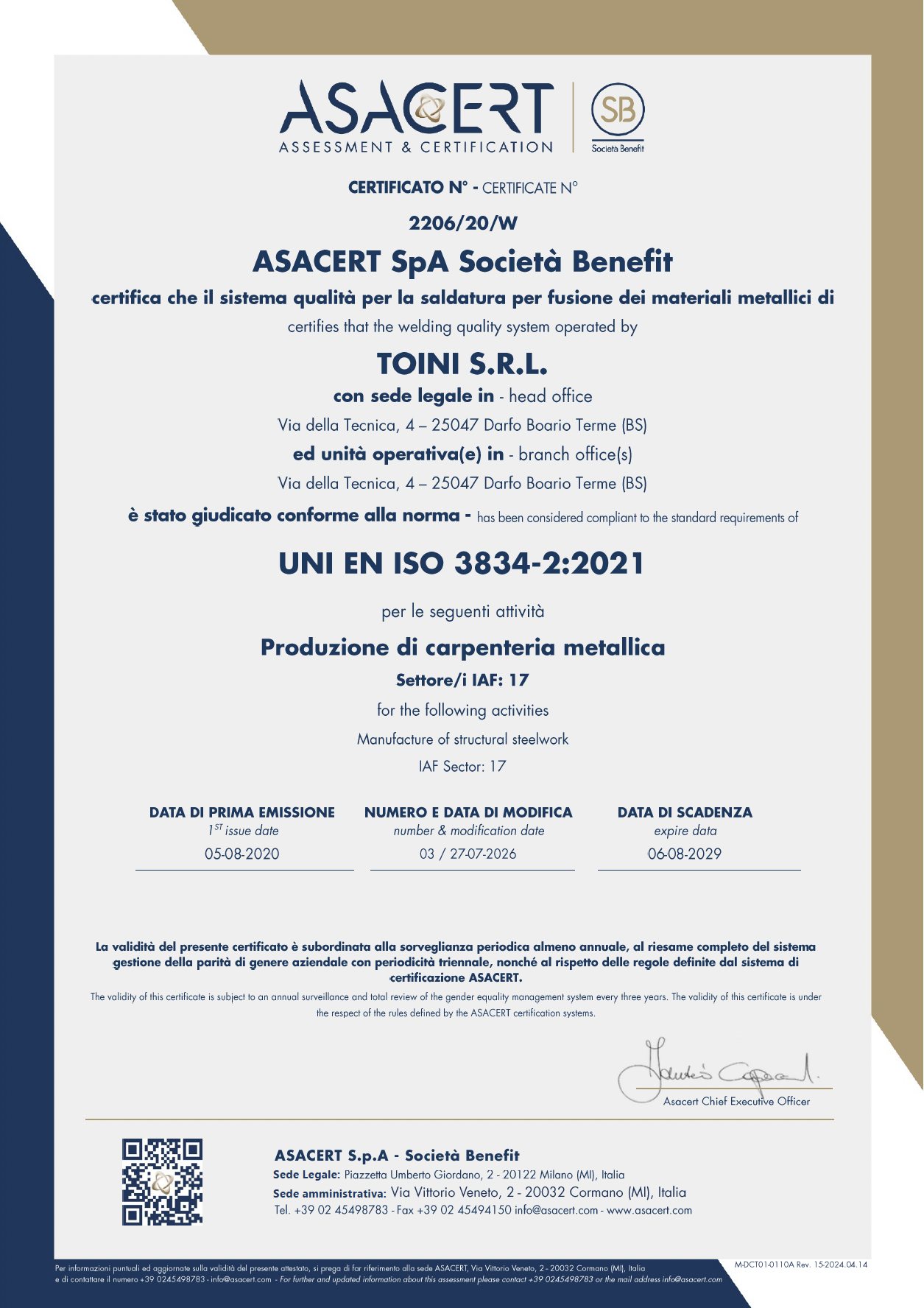CERTIFICAZIONE 2206_20_W_02 TOINI S.r.l. Clicca sull'immagine per scaricare la certificazione in PDF